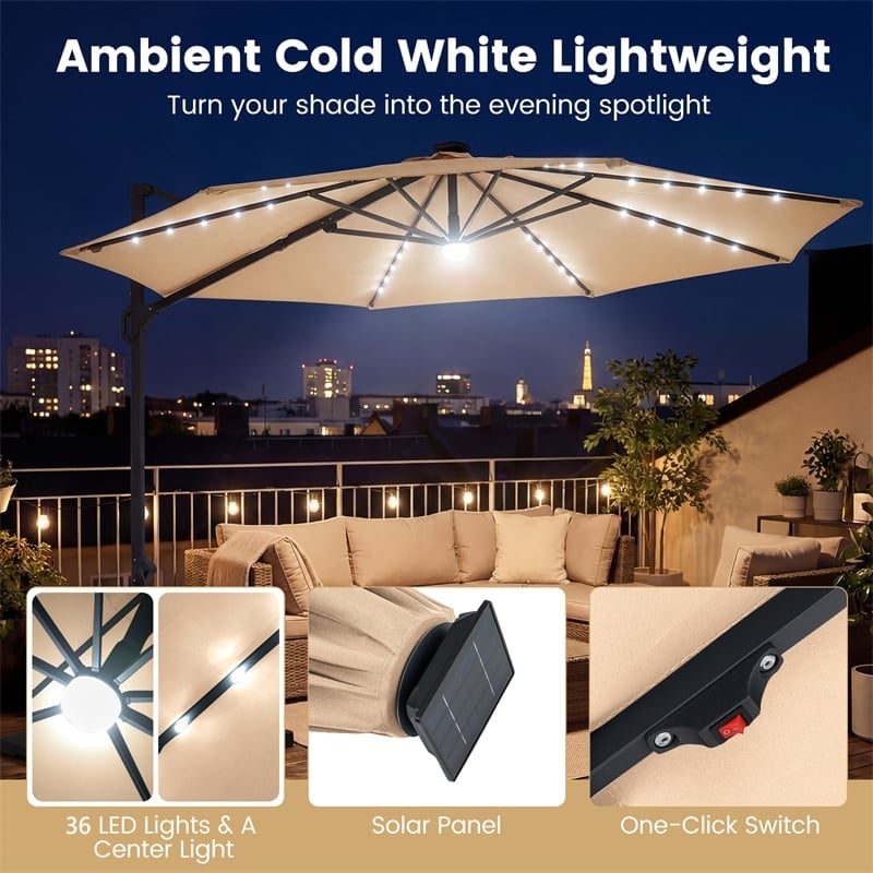 10FT Cantilever Patio Umbrella w/ 36 Solar LED Lights, 360° Rotation Offset Hanging Umbrella, Easy Tilt, 8 Sturdy Ribs, Sun Shade for Yard Pool