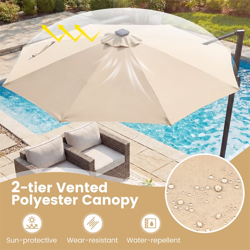 10FT Cantilever Patio Umbrella w/ 36 Solar LED Lights, 360° Rotation Offset Hanging Umbrella, Easy Tilt, 8 Sturdy Ribs, Sun Shade for Yard Pool