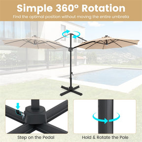 10FT Cantilever Patio Umbrella w/ 36 Solar LED Lights, 360° Rotation Offset Hanging Umbrella, Easy Tilt, 8 Sturdy Ribs, Sun Shade for Yard Pool