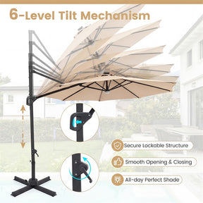 10FT Cantilever Patio Umbrella w/ 36 Solar LED Lights, 360° Rotation Offset Hanging Umbrella, Easy Tilt, 8 Sturdy Ribs, Sun Shade for Yard Pool