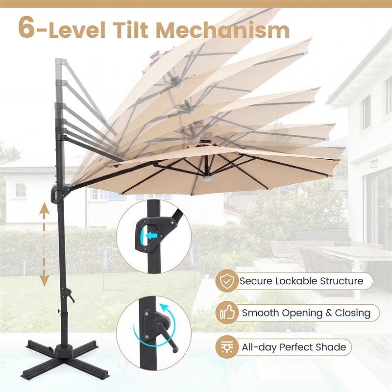 10FT Cantilever Patio Umbrella w/ 36 Solar LED Lights, 360° Rotation Offset Hanging Umbrella, Easy Tilt, 8 Sturdy Ribs, Sun Shade for Yard Pool
