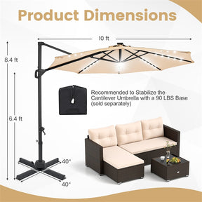 10FT Cantilever Patio Umbrella w/ 36 Solar LED Lights, 360° Rotation Offset Hanging Umbrella, Easy Tilt, 8 Sturdy Ribs, Sun Shade for Yard Pool