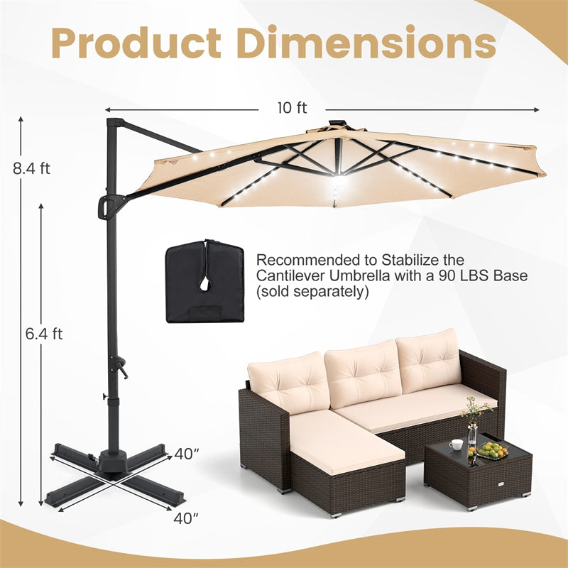 10FT Cantilever Patio Umbrella w/ 36 Solar LED Lights, 360° Rotation Offset Hanging Umbrella, Easy Tilt, 8 Sturdy Ribs, Sun Shade for Yard Pool