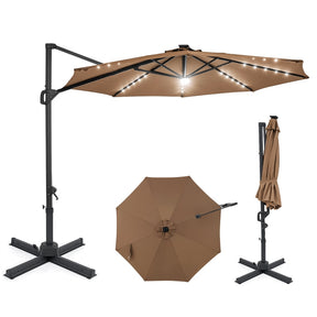 10FT Cantilever Patio Umbrella w/ 36 Solar LED Lights, 360° Rotation Offset Hanging Umbrella, Easy Tilt, 8 Sturdy Ribs, Sun Shade for Yard Pool