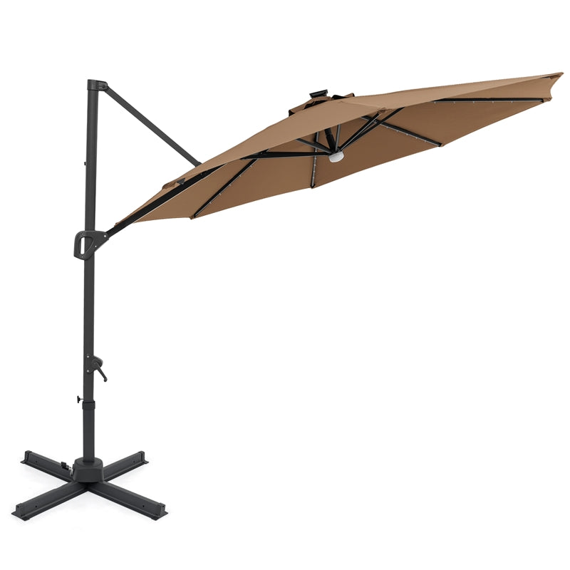 10FT Cantilever Patio Umbrella w/ 36 Solar LED Lights, 360° Rotation Offset Hanging Umbrella, Easy Tilt, 8 Sturdy Ribs, Sun Shade for Yard Pool