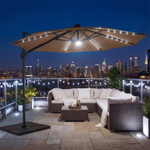 10FT Cantilever Patio Umbrella w/ 36 Solar LED Lights, 360° Rotation Offset Hanging Umbrella, Easy Tilt, 8 Sturdy Ribs, Sun Shade for Yard Pool