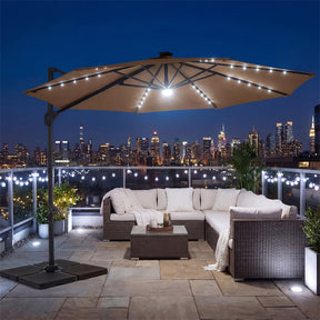 10FT Cantilever Patio Umbrella w/ 36 Solar LED Lights, 360° Rotation Offset Hanging Umbrella, Easy Tilt, 8 Sturdy Ribs, Sun Shade for Yard Pool