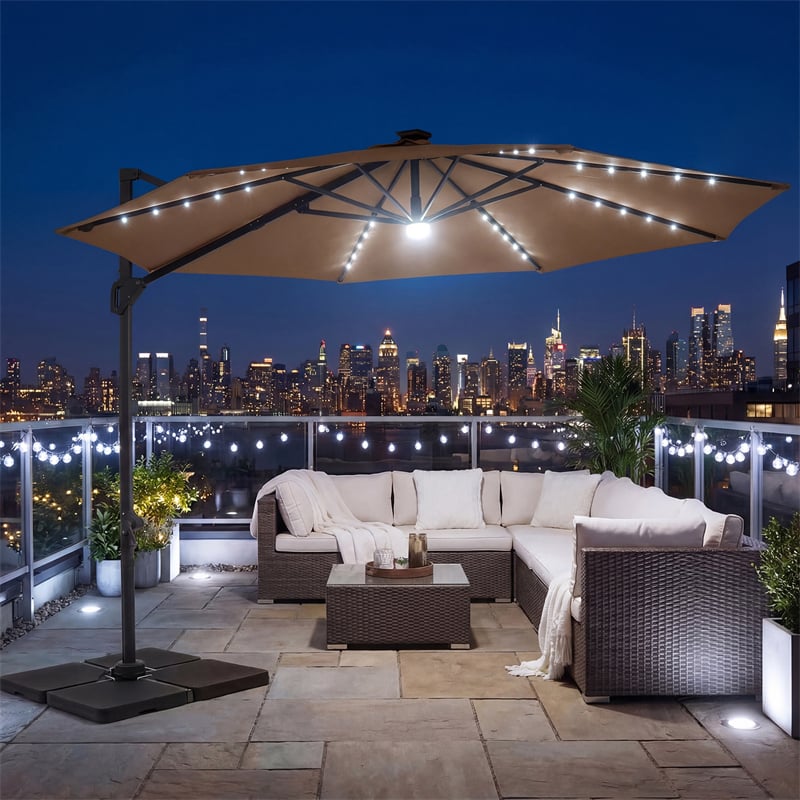 10FT Cantilever Patio Umbrella w/ 36 Solar LED Lights, 360° Rotation Offset Hanging Umbrella, Easy Tilt, 8 Sturdy Ribs, Sun Shade for Yard Pool