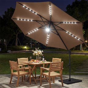 10FT Cantilever Patio Umbrella w/ 36 Solar LED Lights, 360° Rotation Offset Hanging Umbrella, Easy Tilt, 8 Sturdy Ribs, Sun Shade for Yard Pool