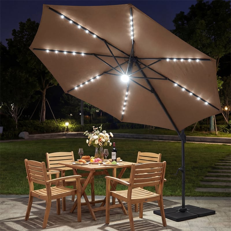 10FT Cantilever Patio Umbrella w/ 36 Solar LED Lights, 360° Rotation Offset Hanging Umbrella, Easy Tilt, 8 Sturdy Ribs, Sun Shade for Yard Pool