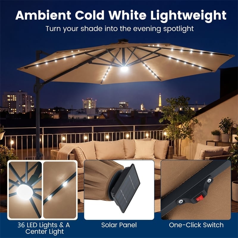 10FT Cantilever Patio Umbrella w/ 36 Solar LED Lights, 360° Rotation Offset Hanging Umbrella, Easy Tilt, 8 Sturdy Ribs, Sun Shade for Yard Pool