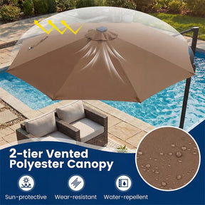 10FT Cantilever Patio Umbrella w/ 36 Solar LED Lights, 360° Rotation Offset Hanging Umbrella, Easy Tilt, 8 Sturdy Ribs, Sun Shade for Yard Pool
