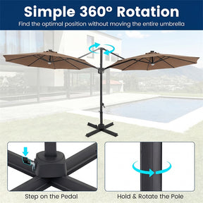 10FT Cantilever Patio Umbrella w/ 36 Solar LED Lights, 360° Rotation Offset Hanging Umbrella, Easy Tilt, 8 Sturdy Ribs, Sun Shade for Yard Pool