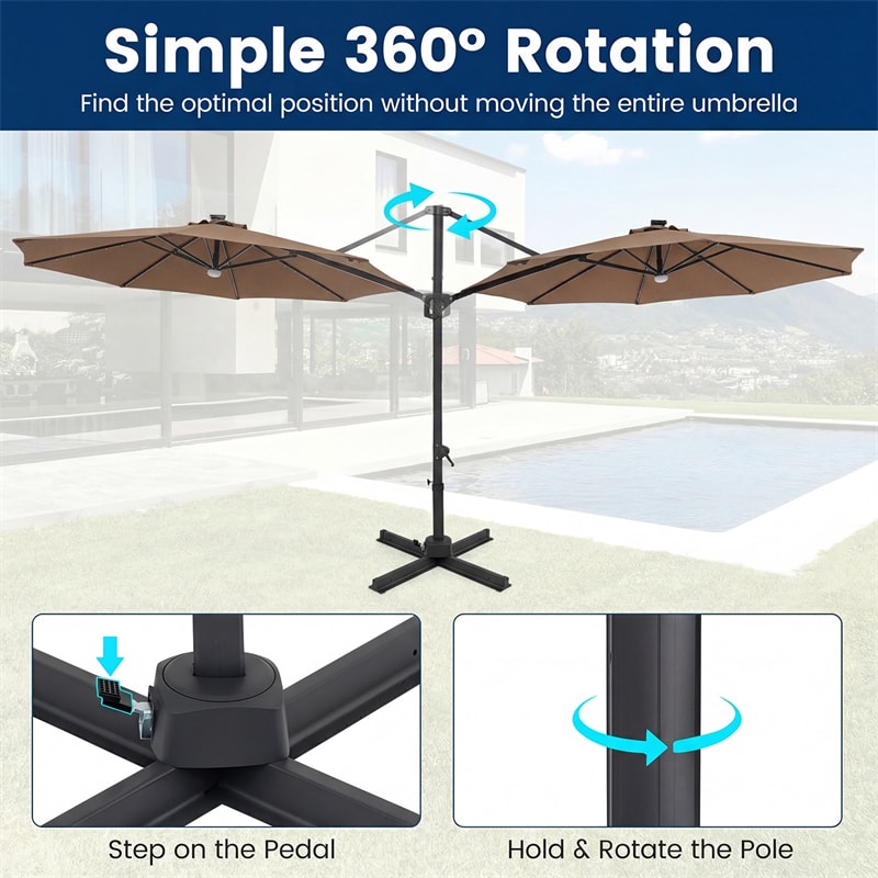 10FT Cantilever Patio Umbrella w/ 36 Solar LED Lights, 360° Rotation Offset Hanging Umbrella, Easy Tilt, 8 Sturdy Ribs, Sun Shade for Yard Pool