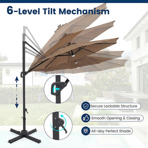 10FT Cantilever Patio Umbrella w/ 36 Solar LED Lights, 360° Rotation Offset Hanging Umbrella, Easy Tilt, 8 Sturdy Ribs, Sun Shade for Yard Pool