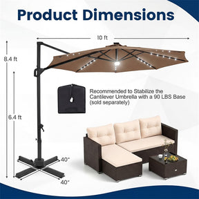10FT Cantilever Patio Umbrella w/ 36 Solar LED Lights, 360° Rotation Offset Hanging Umbrella, Easy Tilt, 8 Sturdy Ribs, Sun Shade for Yard Pool
