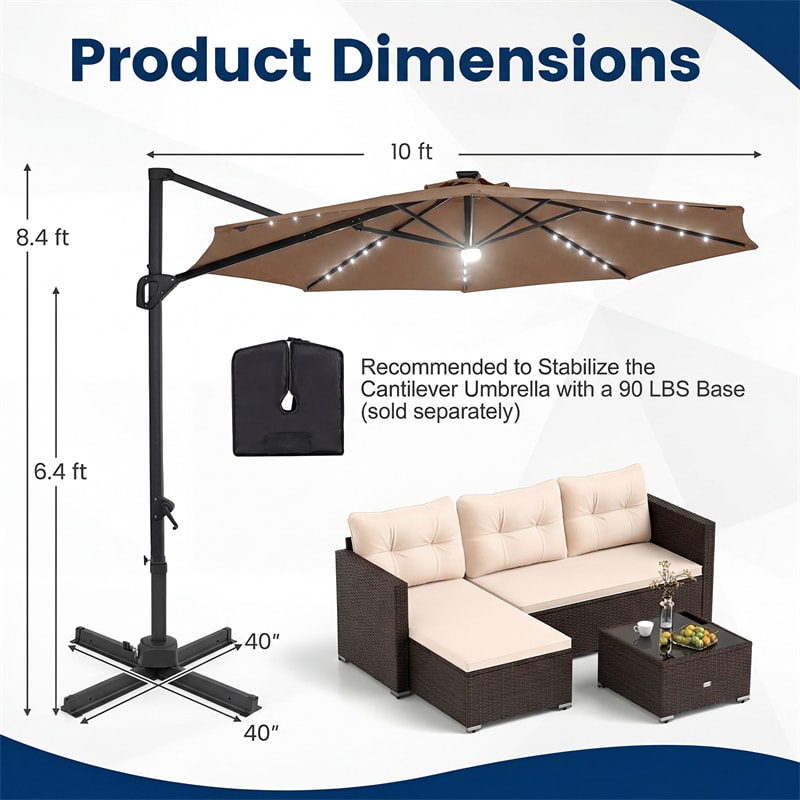 10FT Cantilever Patio Umbrella w/ 36 Solar LED Lights, 360° Rotation Offset Hanging Umbrella, Easy Tilt, 8 Sturdy Ribs, Sun Shade for Yard Pool