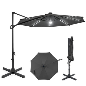 10FT Cantilever Patio Umbrella w/ 36 Solar LED Lights, 360° Rotation Offset Hanging Umbrella, Easy Tilt, 8 Sturdy Ribs, Sun Shade for Yard Pool