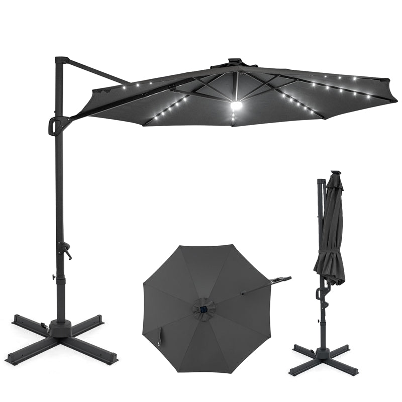 10FT Cantilever Patio Umbrella w/ 36 Solar LED Lights, 360° Rotation Offset Hanging Umbrella, Easy Tilt, 8 Sturdy Ribs, Sun Shade for Yard Pool