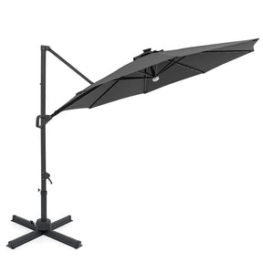 10FT Cantilever Patio Umbrella w/ 36 Solar LED Lights, 360° Rotation Offset Hanging Umbrella, Easy Tilt, 8 Sturdy Ribs, Sun Shade for Yard Pool