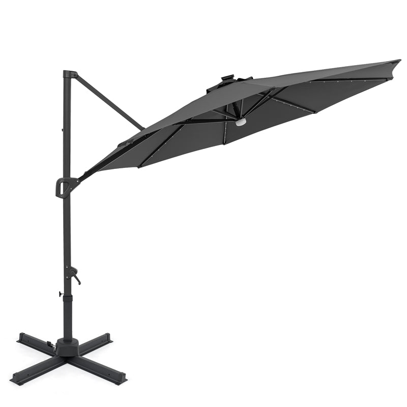 10FT Cantilever Patio Umbrella w/ 36 Solar LED Lights, 360° Rotation Offset Hanging Umbrella, Easy Tilt, 8 Sturdy Ribs, Sun Shade for Yard Pool