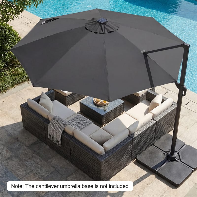 10FT Cantilever Patio Umbrella w/ 36 Solar LED Lights, 360° Rotation Offset Hanging Umbrella, Easy Tilt, 8 Sturdy Ribs, Sun Shade for Yard Pool