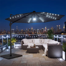 10FT Cantilever Patio Umbrella w/ 36 Solar LED Lights, 360° Rotation Offset Hanging Umbrella, Easy Tilt, 8 Sturdy Ribs, Sun Shade for Yard Pool