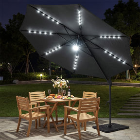 10FT Cantilever Patio Umbrella w/ 36 Solar LED Lights, 360° Rotation Offset Hanging Umbrella, Easy Tilt, 8 Sturdy Ribs, Sun Shade for Yard Pool