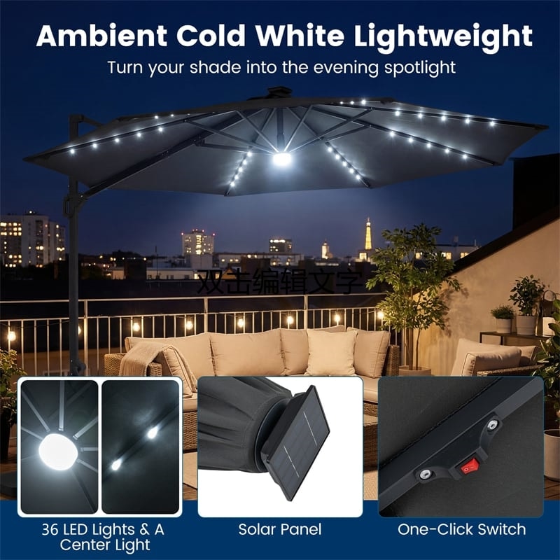 10FT Cantilever Patio Umbrella w/ 36 Solar LED Lights, 360° Rotation Offset Hanging Umbrella, Easy Tilt, 8 Sturdy Ribs, Sun Shade for Yard Pool