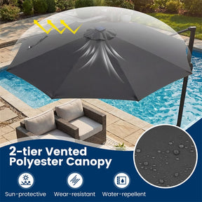 10FT Cantilever Patio Umbrella w/ 36 Solar LED Lights, 360° Rotation Offset Hanging Umbrella, Easy Tilt, 8 Sturdy Ribs, Sun Shade for Yard Pool