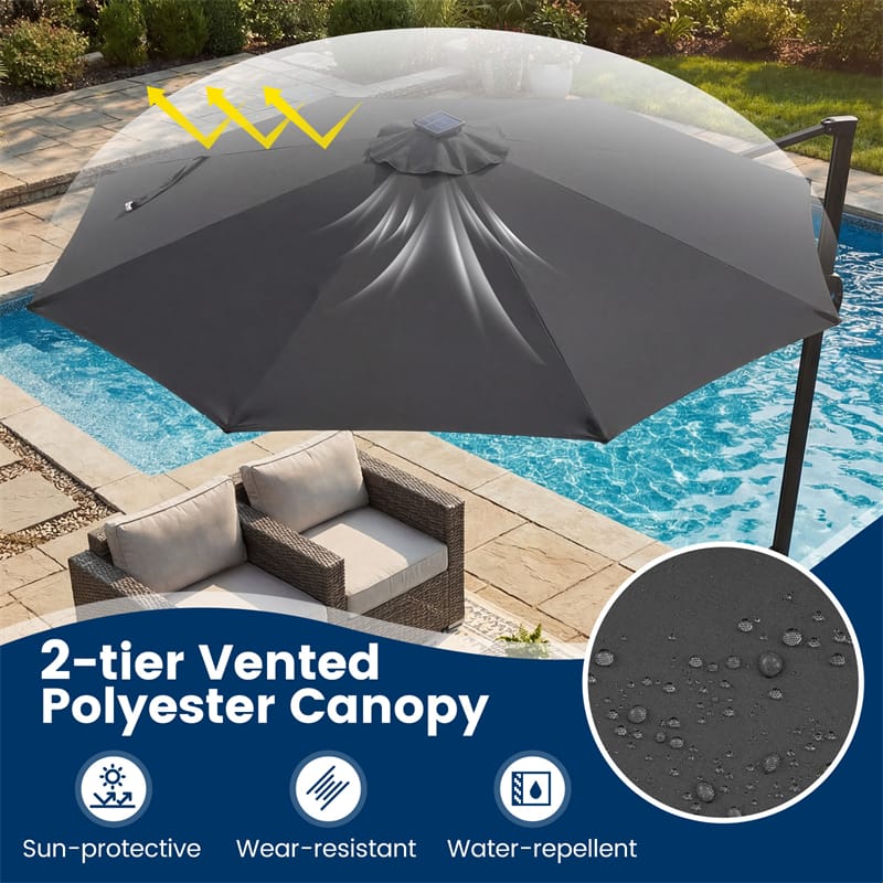 10FT Cantilever Patio Umbrella w/ 36 Solar LED Lights, 360° Rotation Offset Hanging Umbrella, Easy Tilt, 8 Sturdy Ribs, Sun Shade for Yard Pool