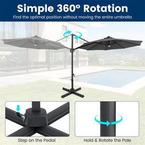 10FT Cantilever Patio Umbrella w/ 36 Solar LED Lights, 360° Rotation Offset Hanging Umbrella, Easy Tilt, 8 Sturdy Ribs, Sun Shade for Yard Pool