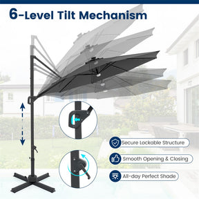 10FT Cantilever Patio Umbrella w/ 36 Solar LED Lights, 360° Rotation Offset Hanging Umbrella, Easy Tilt, 8 Sturdy Ribs, Sun Shade for Yard Pool