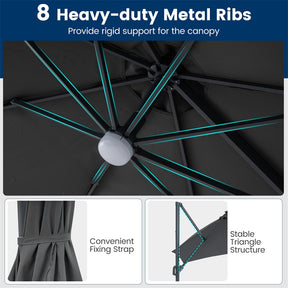 10FT Cantilever Patio Umbrella w/ 36 Solar LED Lights, 360° Rotation Offset Hanging Umbrella, Easy Tilt, 8 Sturdy Ribs, Sun Shade for Yard Pool