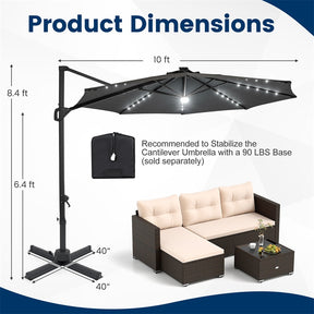 10FT Cantilever Patio Umbrella w/ 36 Solar LED Lights, 360° Rotation Offset Hanging Umbrella, Easy Tilt, 8 Sturdy Ribs, Sun Shade for Yard Pool