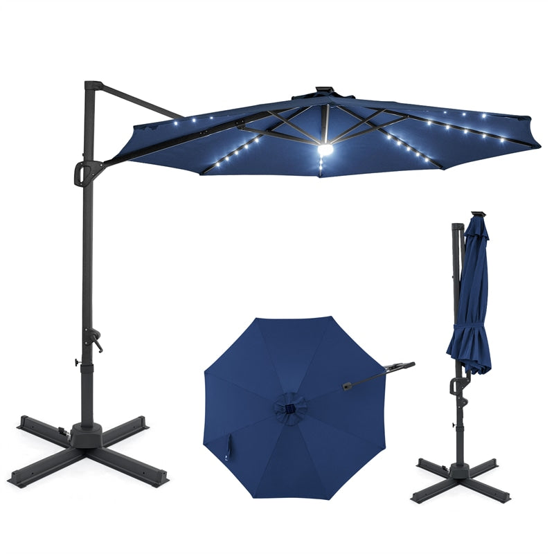 10FT Cantilever Patio Umbrella w/ 36 Solar LED Lights, 360° Rotation Offset Hanging Umbrella, Easy Tilt, 8 Sturdy Ribs, Sun Shade for Yard Pool