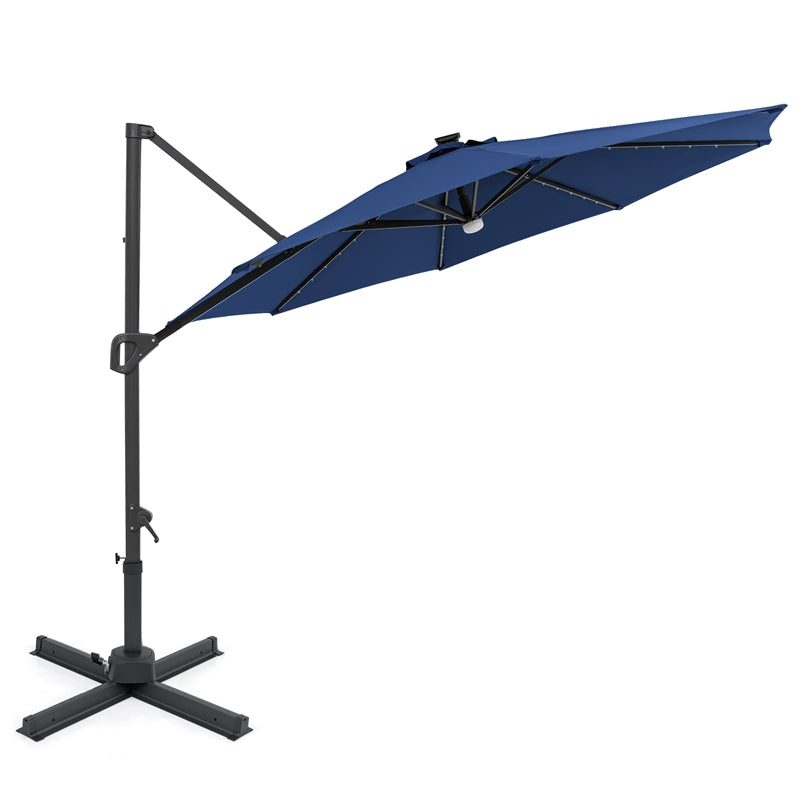 10FT Cantilever Patio Umbrella w/ 36 Solar LED Lights, 360° Rotation Offset Hanging Umbrella, Easy Tilt, 8 Sturdy Ribs, Sun Shade for Yard Pool