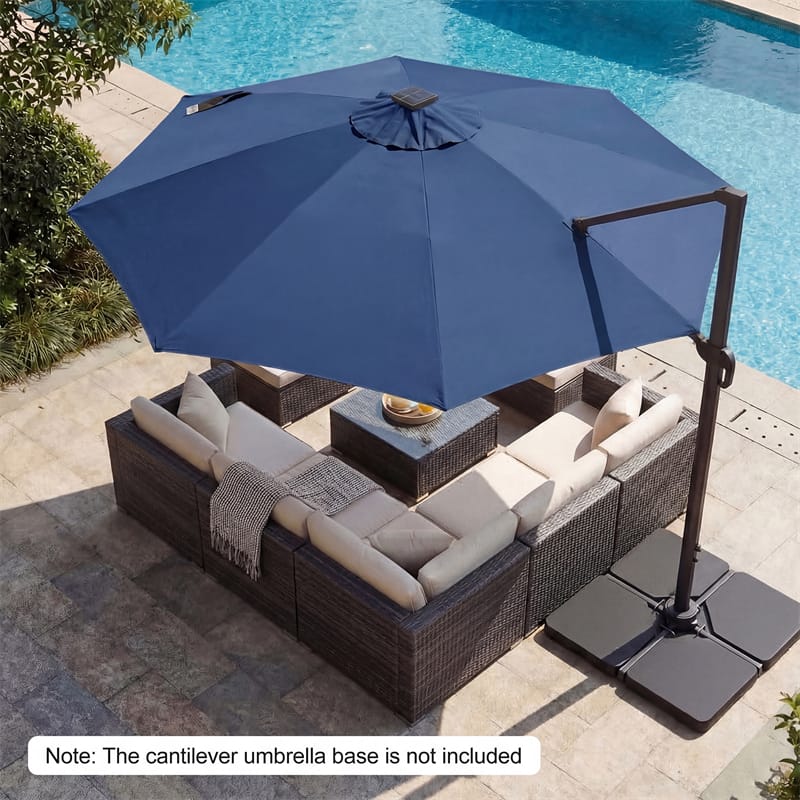 10FT Cantilever Patio Umbrella w/ 36 Solar LED Lights, 360° Rotation Offset Hanging Umbrella, Easy Tilt, 8 Sturdy Ribs, Sun Shade for Yard Pool