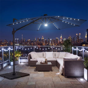10FT Cantilever Patio Umbrella w/ 36 Solar LED Lights, 360° Rotation Offset Hanging Umbrella, Easy Tilt, 8 Sturdy Ribs, Sun Shade for Yard Pool