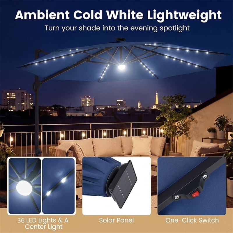 10FT Cantilever Patio Umbrella w/ 36 Solar LED Lights, 360° Rotation Offset Hanging Umbrella, Easy Tilt, 8 Sturdy Ribs, Sun Shade for Yard Pool