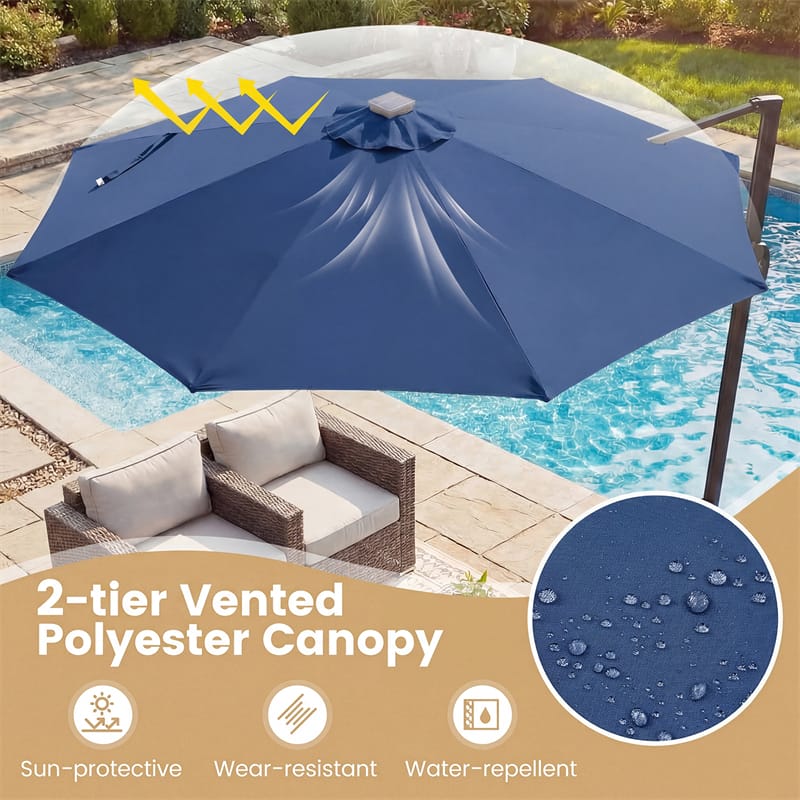 10FT Cantilever Patio Umbrella w/ 36 Solar LED Lights, 360° Rotation Offset Hanging Umbrella, Easy Tilt, 8 Sturdy Ribs, Sun Shade for Yard Pool