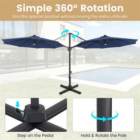 10FT Cantilever Patio Umbrella w/ 36 Solar LED Lights, 360° Rotation Offset Hanging Umbrella, Easy Tilt, 8 Sturdy Ribs, Sun Shade for Yard Pool