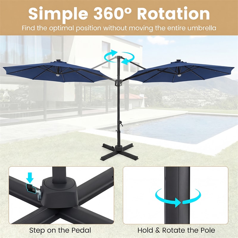 10FT Cantilever Patio Umbrella w/ 36 Solar LED Lights, 360° Rotation Offset Hanging Umbrella, Easy Tilt, 8 Sturdy Ribs, Sun Shade for Yard Pool