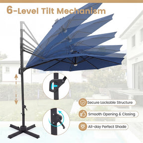 10FT Cantilever Patio Umbrella w/ 36 Solar LED Lights, 360° Rotation Offset Hanging Umbrella, Easy Tilt, 8 Sturdy Ribs, Sun Shade for Yard Pool