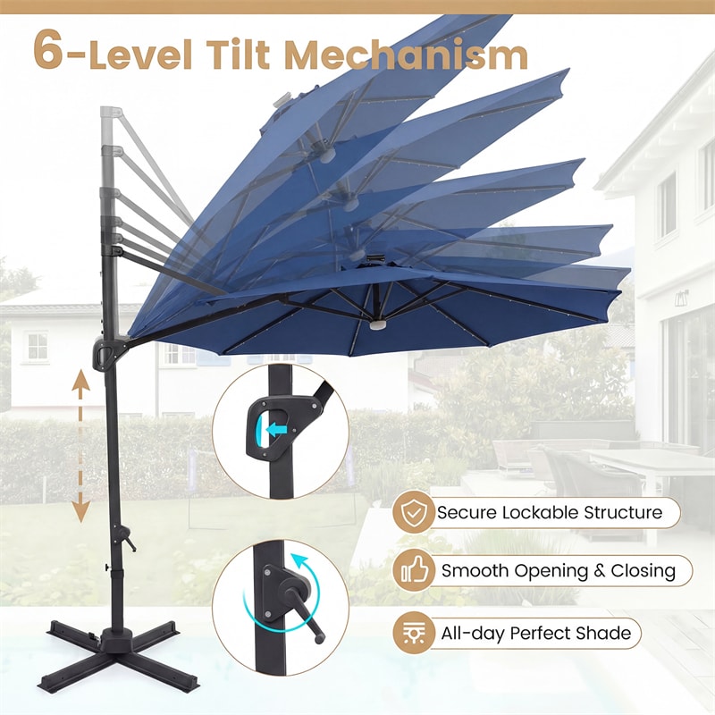 10FT Cantilever Patio Umbrella w/ 36 Solar LED Lights, 360° Rotation Offset Hanging Umbrella, Easy Tilt, 8 Sturdy Ribs, Sun Shade for Yard Pool