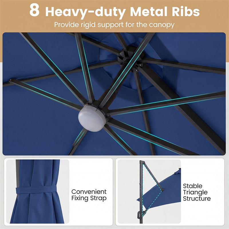 10FT Cantilever Patio Umbrella w/ 36 Solar LED Lights, 360° Rotation Offset Hanging Umbrella, Easy Tilt, 8 Sturdy Ribs, Sun Shade for Yard Pool