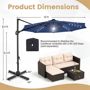 10FT Cantilever Patio Umbrella w/ 36 Solar LED Lights, 360° Rotation Offset Hanging Umbrella, Easy Tilt, 8 Sturdy Ribs, Sun Shade for Yard Pool