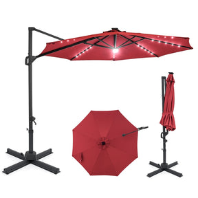 10FT Cantilever Patio Umbrella w/ 36 Solar LED Lights, 360° Rotation Offset Hanging Umbrella, Easy Tilt, 8 Sturdy Ribs, Sun Shade for Yard Pool
