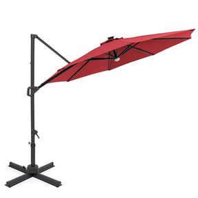 10FT Cantilever Patio Umbrella w/ 36 Solar LED Lights, 360° Rotation Offset Hanging Umbrella, Easy Tilt, 8 Sturdy Ribs, Sun Shade for Yard Pool