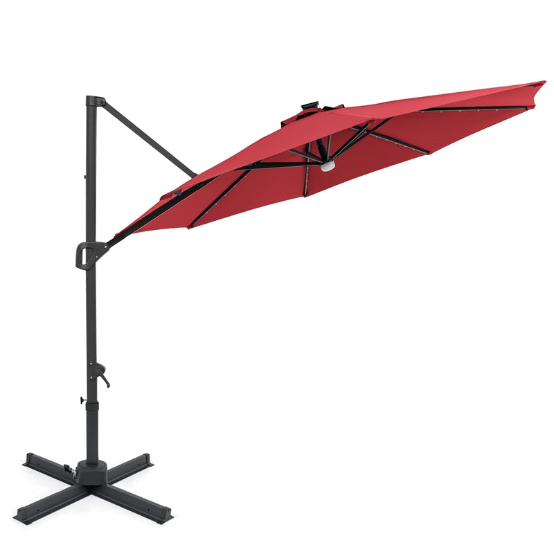 10FT Cantilever Patio Umbrella w/ 36 Solar LED Lights, 360° Rotation Offset Hanging Umbrella, Easy Tilt, 8 Sturdy Ribs, Sun Shade for Yard Pool